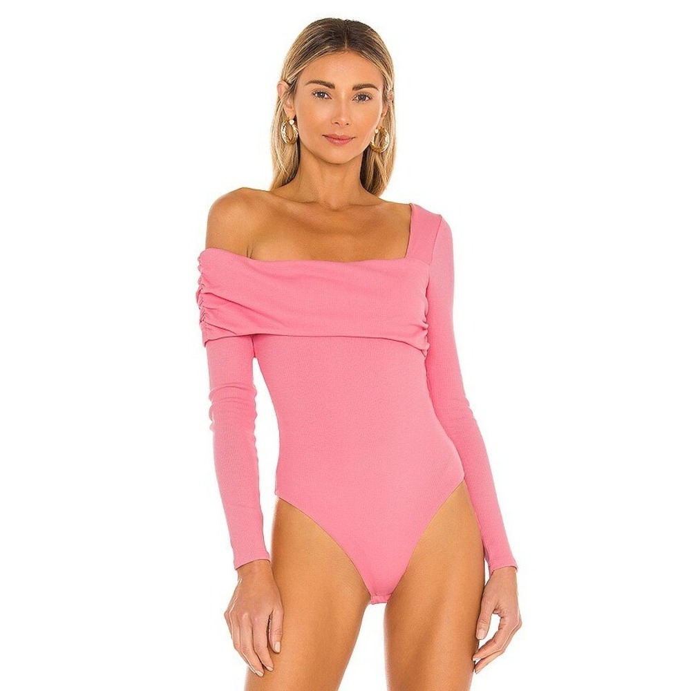 NWT Lovers + Friends Florence Bodysuit Pink‎ Ribbed One Shoulder Long Sleeve S